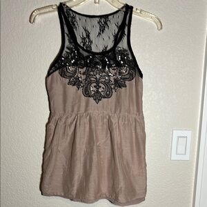 Miss Me Black lace  and Tan Silk Women's Top, Fairy